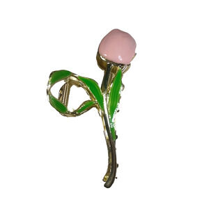 Alligator Claw Hair Barrette Tulip Pink Green Gold Tone Spring Wedding